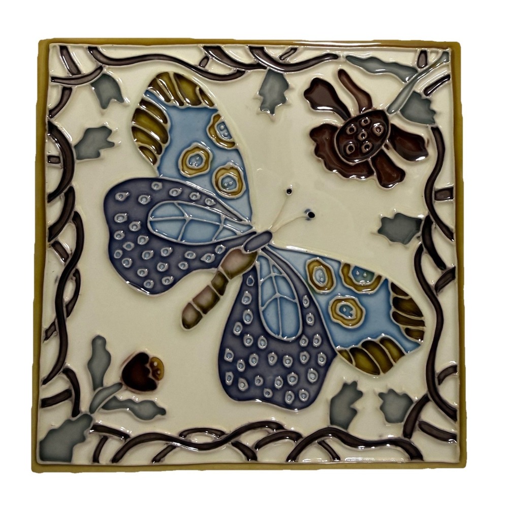 Vintage Butterfly‎ Ceramic Tile Art  Framed Relief  Hang Stand  Vibrant 6"X6"